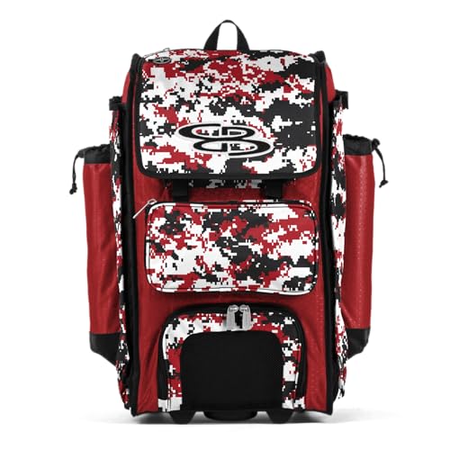 Boombah Rolling Catchers Superpack Baseball/Softball Gear Bag - 23-1/2" x 13-1/2" x 9-1/2" - Digital Camo Red/Black - Telescopic Handle and Holds 4 Bats - Wheeled Version