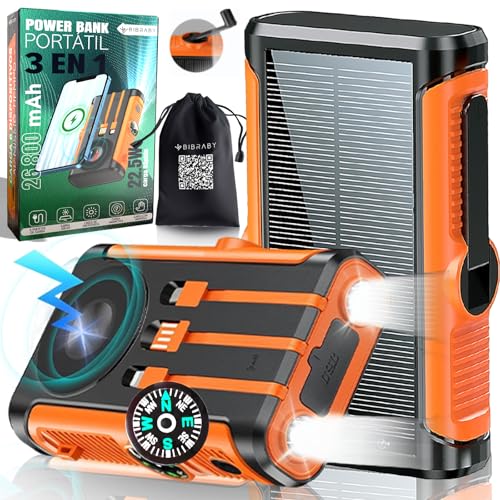 BIBRABY® Super Power Bank Solar INALÁMBRICA 3 En 1 De 26800mAh + Manivela para Recarga De Emergencia + 5 Puertos De Carga Rápida 22,5W | Cargador Solar | Cargador Portatil |Bateria Solar Portatil