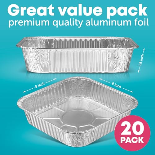 Image of 8x8 Disposable Aluminum Pans - 20 Pack Foil Pans For Cooking, Baking Cakes, Roasting & Homemade Breads - Disposable Food Containers