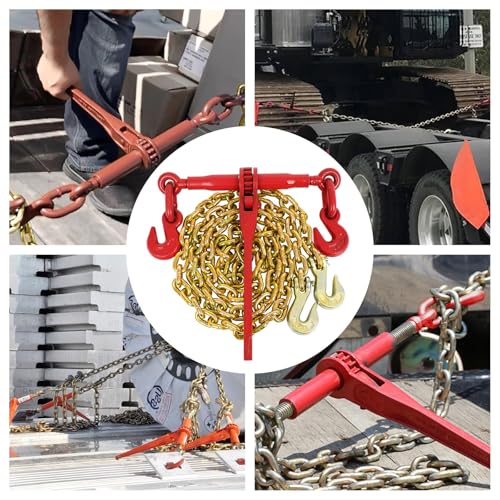 Image of 2 Pack 3 /8 inch to 1 /2 inch Heavy Duty Ratchet Chain Binder with G80 3 /8 inch x 10FT Chains, 5400 Lbs Work Load Limit G80 Chains for Flatbed Truck Trailers and Hauling Applications