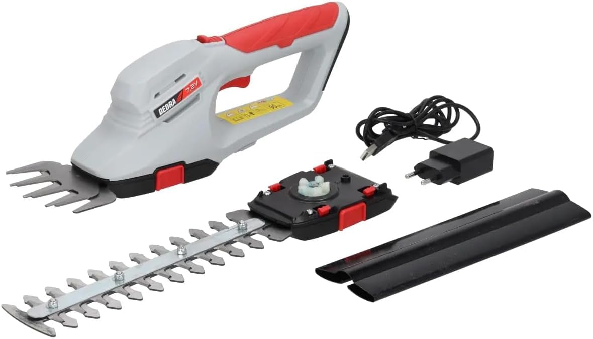 Cisaille à Gazon et Taille-haie sans Fil Dedra 7,2 V, 2 en 1, Batterie 2000 mAh, Lame Gazon 10 cm, Lame Taille-haie 20 cm, Coupe 8 mm, autonomie env. 70 Min