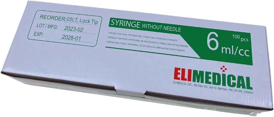 Elimedical Veterinary Disposable Syringe, 6cc Luer Lock, Without Needle, Individually Packaged, 100 per box, 05LT
