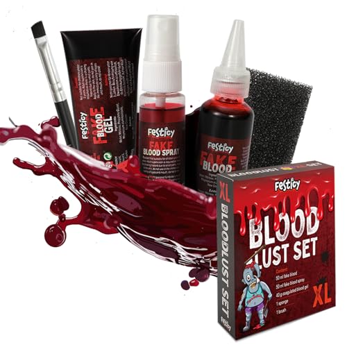 Festicy Sangre Falsa Set XL 5 Productos Halloween 2026 I Sangre Falsa Normal 50 ml, Espray 50 ml, Gel 40 g, Esponja y Pincel I Sangre Artificial I Maquillaje Halloween I Disfraz Halloween