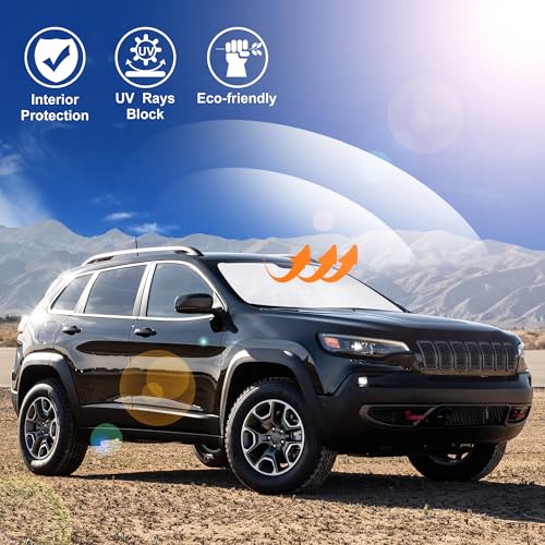 Image of Windshield Sun Shade Foldable Sunshade Protector Custom Fit Jeep Cherokee 2014-2022 2023 Trailhawk,Overland, Limited, Latitude, Altitude Accessories (Not for Jeep Grand Cherokee)
