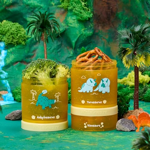 Image of Whiskware Dinosaur Stackable Snack Containers for Babies, Kids, and Toddlers, 3 Stackable Snack Cups for School or Travel, Cupholder Friendly, Blue /Yellow