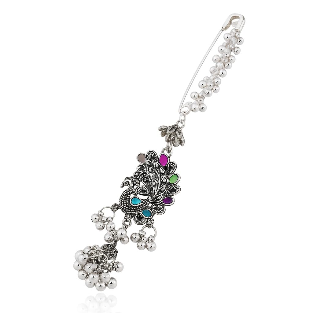 gc premium jewellery Stylish Oxidized Silver Saree Pin with Artistic Peacock Motif-picture-29