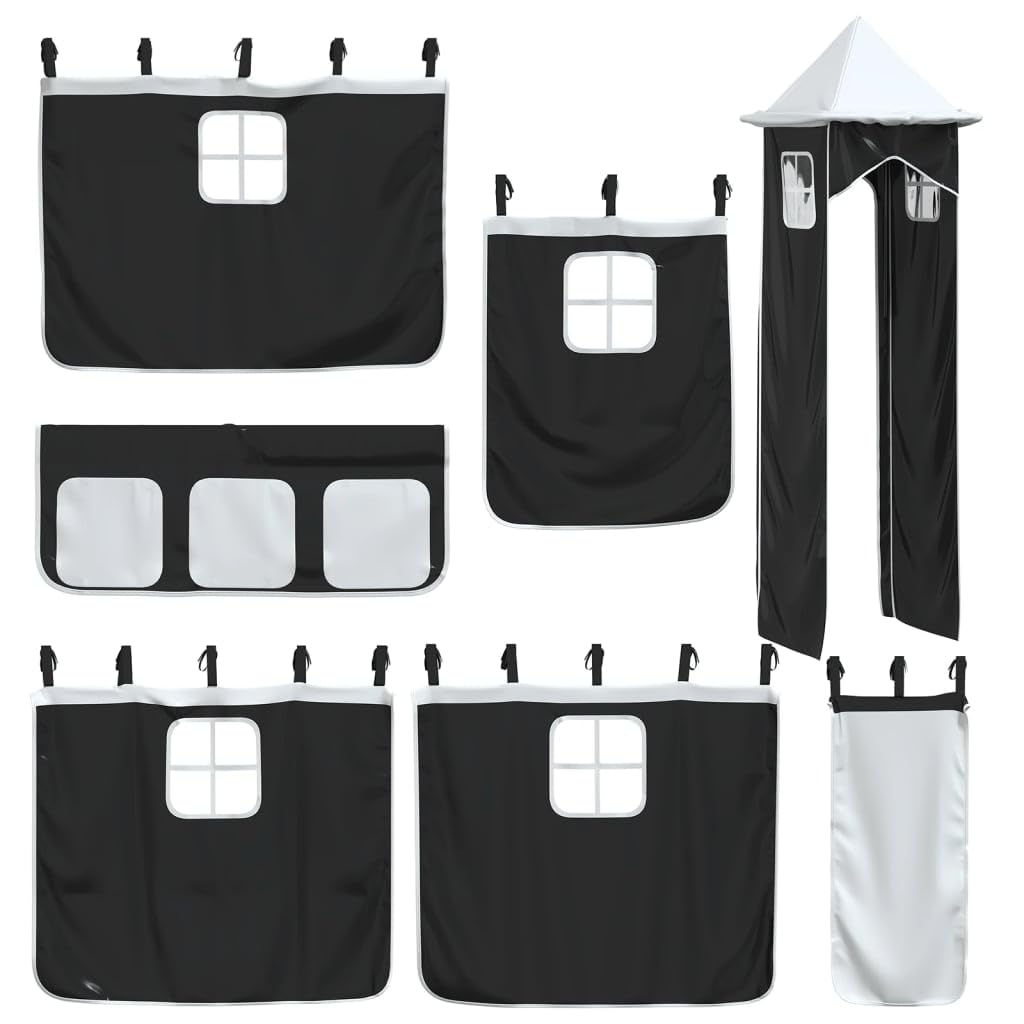 Kinder Hochbett Vorhang Set mit Turm, Spielzelt Aufsatz für Hochbetten, Versteck Spielhöhle für Kinderzimmer, Schwarz Weiß, Polyester Spielhaus Zubehör