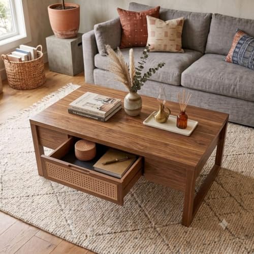 Image of Solid Sheesham Wood Coffee Table & Center Table for Living Room with Rattan Cane Lift-Down Shutter & Open Shelf, Solid Wooden Teapoy for Sofa with Storage Tea Table (E-Honey)