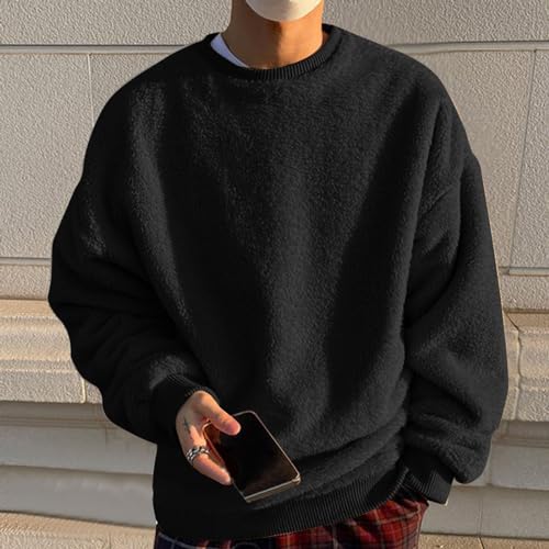Mens Fuzzy Sherpa Sweatshirt Winter Fall Fleece Pullover Crewneck Solid Color Sweatshirts Loose Fit Plus Size Shirts3