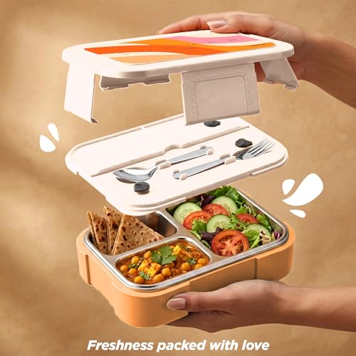 Image of MILTON Bravo 3 Inner Stainless Steel Tiffin Box for School, 3 Partition, Steam Release Plug | PU Insulated, Leak-Proof, Food Grade I Lunch Box for Kids Boys, Girls with Snap Lock Lid, 600 ml, Orange