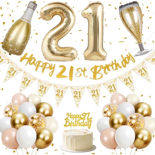 21st Birthday Decorations for Her Happy 21st Birthday Banner 40 inches 21 Foil Balloons Champagne Golden Bottle and Glass Gold Pink White and Confetti Balloons 21st Party Decorations for Girls
