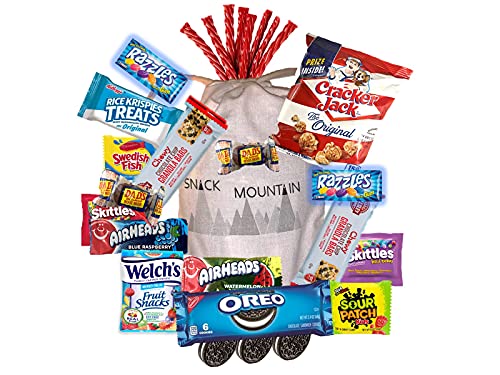 Snack Mountain Treat Candy Care Package Gift with Caramel Popcorn, Gummies, Candies, Cookies, Granola Bars and Bubble Gum