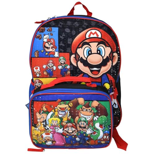 Bioworld Mochila Super Mario preta de 40,6 cm com conjunto de lancheira, Preto, Large, Mochila