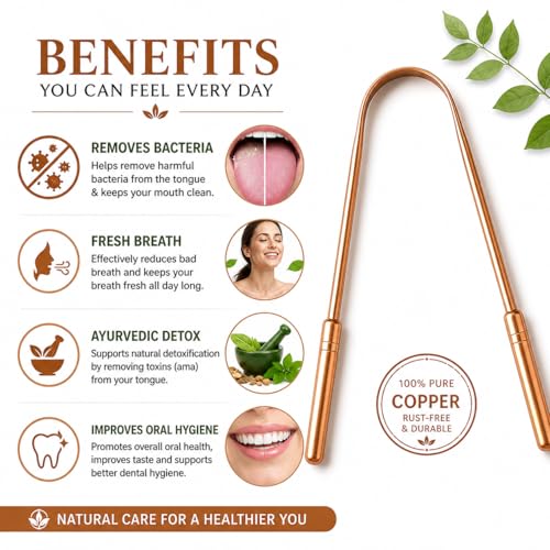 Image of Copper Tongue Cleaner - 100% Pure Copper Tongue Scraper | Ayurvedic Oral Hygiene Tool for Fresh Breath, Detox & Bacteria Removal | Rust-Free, BPA-Free, Reusable