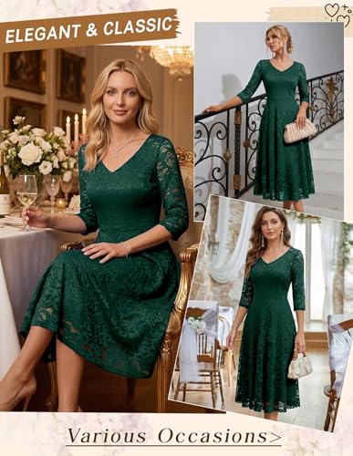 Image of Dressystar Womens Long-Sleeve Wedding Guest Dress A-Line Lace Formal Party Cocktail Midi Dress Prom Gown