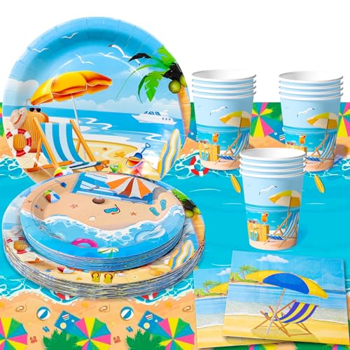 Vajilla Temática de Playa -20 Personas Set Completo de Fiesta, Incluye Platos Vasos Servilletas y Mantel, Ideal para Fiestas en la Playa o Piscina