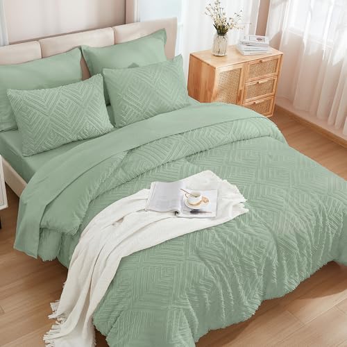 Image of Andency Super King Plus Comforter Set Sage Green - 7 Pieces Bed in a Bag Oversized King Bedding Sets, Boho Tufted Lightweight Fluffy Bed Set with Comforter, Sheets, Pillowcases & Shams