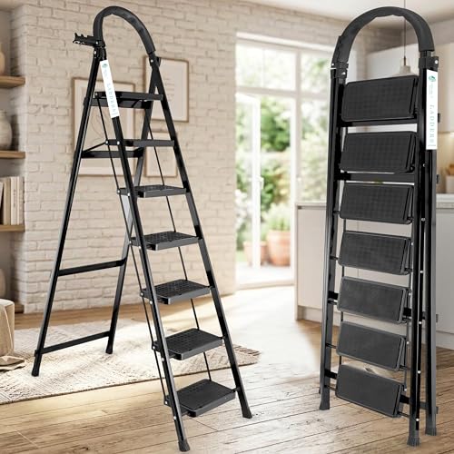 Image of Norman Jr Black 7 Step Ladder for Home Use with Built-in Tool Tray | Heavy Duty D Shape Rods | Ultra Large Platform | Wide Rubber Feet | 150Kg Capacity Foldable Ladder - 7 Years Warranty