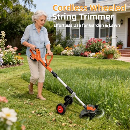 Image of 3-in-1 Electric Weed Wacker Cordless with Wheel, 20000RPM Brush Cutter /String Trimmer /Grass Trimmer /Edger Tool, 2 x 4000mAh Batteries, 90 Adjustable Handle, Powerful Lightweight Garden Tool (Orange)