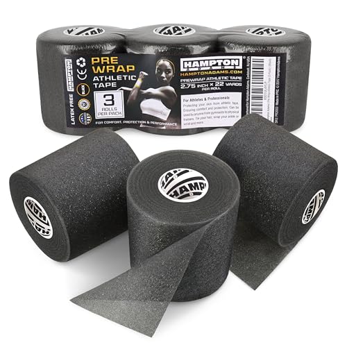Image of Hampton Adams Pre Wrap Athletic Tape, Non Slip Grip, No Fray Underwrap | Foam underwrap for skin protection, Ankle, wrist & knee, Tape grip base layer, Hair tie for sports 2.75 in x 22 yd rolls