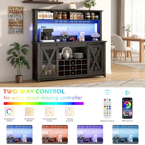 Image of 63 inchWide 58 inchH Farmhouse Coffee Bar Cabinet with Power Outlet and LED Light,Wine Bar Cabinet w / 4 Storage Hutch,Kitchen Buffet Cabinet with 15 Wine and Glass Racks for Kitchen Dining Room(Dark Oak)