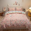 Kids Queen Rainbow Bedding Sets Full Pink Strawberry Duvet Cover Double Size 100% Cotton Lightweight Soft Floral Leaf Full Bedding Collection Girls Reversible Duvet Cover with 2 Pillowcase