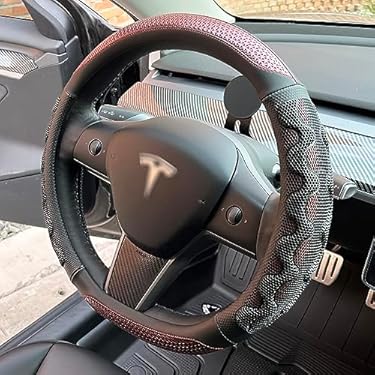 AMAZON - PINCTROT Great Grip Steering Wheel Cover for Tesla Model Y and Model 3, D Shaped 14 Inch Small Sized, Flat Bottom with 3D Honeycomb Anti-Slip Design (Great Grip Wine Red)