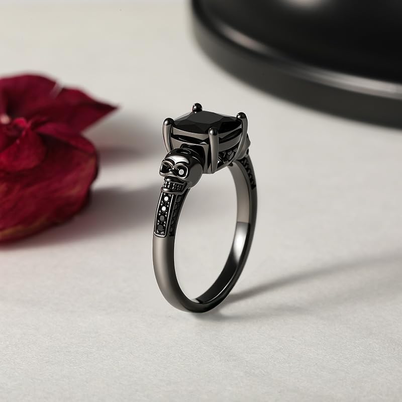 Jeulia Anillos de compromiso con diseño de calavera, amor eterno, gótico, negro, plata de ley con diamante de corte cojín, anillos de boda para Halloween, clásicos, retro, regalos para mujeres