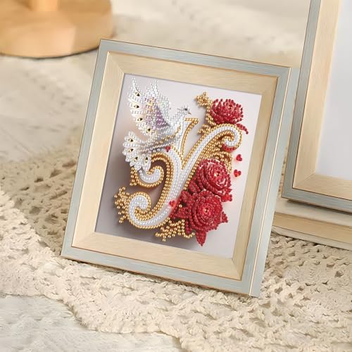 Image of AiYuanzsh 5D Diamond Art Kits for Adults Letter Y, Youthful Floral Rose & Dove Special Shape Diamond Painting, Initial Diamond Art for Adults DIY Crystal Rhinestones Wall Decoration 17x17cm