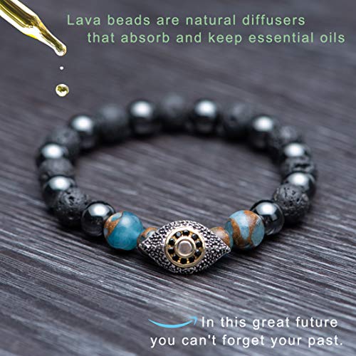 Karseer Vintage Silver and 18K Gold Plated Evil Eye Reiki Bracelet Magnetic Hematite Energy Bracelet Lava Rock Oil Diffuser Aromatherapy Bracelet for Men Women3