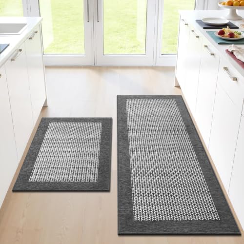 StepRite Kitchen Mats for Floor, Non-Slip Kitchen Rugs Set of 2 PCS, Super Absorbent Washable Kitchen Mats with Rubber Backing, Runner Mats for Front of Sink (20"x32"+20"x47" Grey)