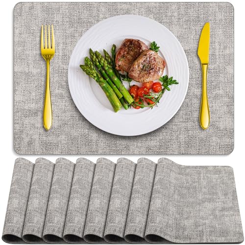 Placemats Set of 8 Washable, Heat Resistant Table Placemats Wipeable Faux Leather Place Mats Non Slip, Waterproof Square Table Mats for Indoor Outdoor, Light Grey