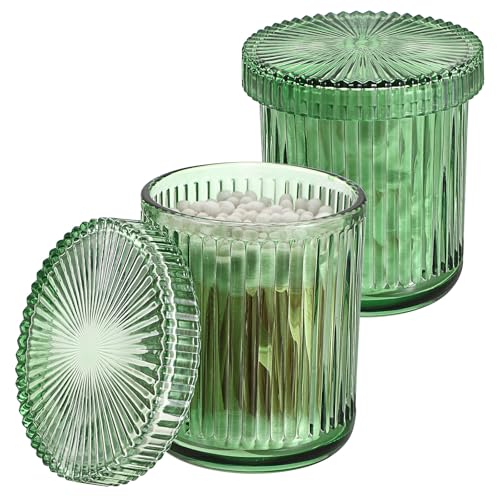 Image of OLegei Glass Cotton Ball and Swab Holder Organizer, 2pcs Green Decor Jar
