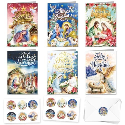 HOWAF 12 Tarjetas Navidad Tarjeta Nacimiento Belen Navidad Portal de Belen Jesús Felicitaciones Navideñas Christmas Cards con Sobres Stickers Pegatinas Navideñas para Regalos navidad Christmas Gifts