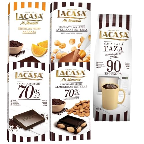 Pack 5 tabletas chocolate lacasa:taza 90 segundos 350g,leche avellanas 100g,negro naranja 100g,negro 100g,negro almendra 200g