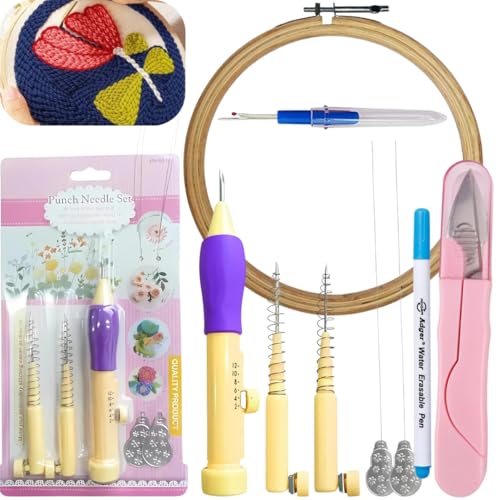Image of Artonezt Complete Embroidery Kit for Beginners & Experts with 3 Sizes Adjustable Lengths Hand Tufting Punch Needle, Wooden Hoop Ring, Marking Pen,Thread Cutter Cap Tool for Sewing, Knitting, DIY Needlecraft Supplies