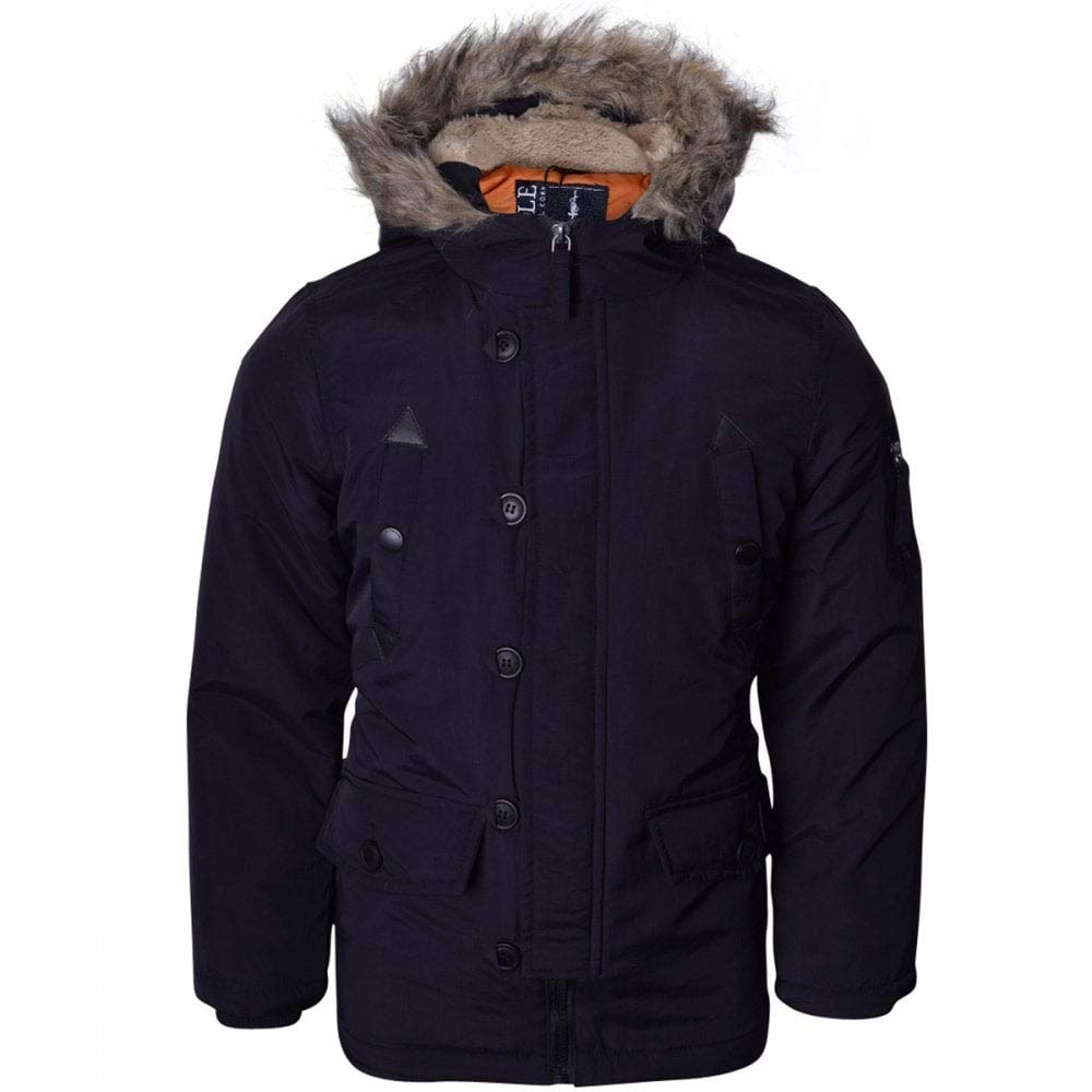 52_DNMChildrens Boys Winter Parka Coat Fur Borg Lined Hood School Jacket  Black Blue