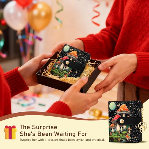 Image of Jogjam Rfid Women Wallet, Small Slim Thin Credit Card Wallet, PU Leather Bifold Cash Zipper Coin Pocket ID Window, for Female Ladies Teen Girls Girly Gifts, Mushroom, Modern