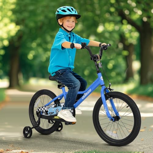 Image of Olakids Kids Bike, 12 14 16 18 Inch Racing Car Themed Toddlers Bike with Training Wheels Adjustable Seat and Handlebar Coaster Brake and Handbrake, Children's Bicycle for Boys Girls