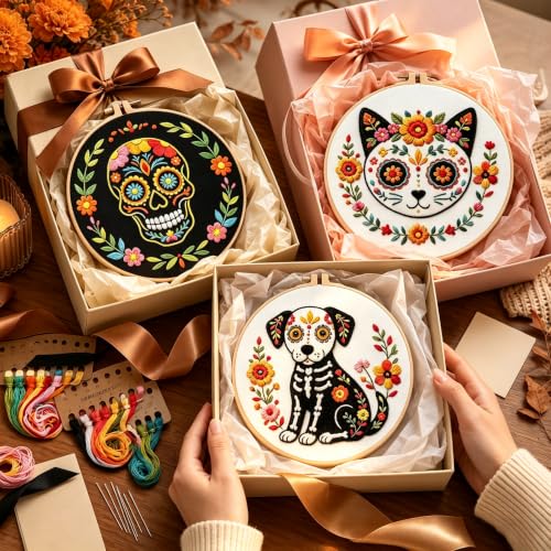 Image of Nuberlic 3 Pack Sugar Skull Embroidery Kit for Beginners, Day of the Dead | Beginner Friendly Embroidery Handmade Gift Pre Printed Patterns Complete Cross Stitch Starter Kit DIY