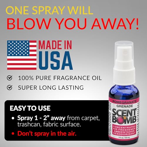 Image of Scent Bomb Air Freshener Spray, Long-Lasting Odor Eliminator - Effective Deodorizer for Home & Car, Fresh Room Spray for Kitchen, Bathroom & Smell Neutralizer - 1 oz Pack of 4, Pomegranate Scent