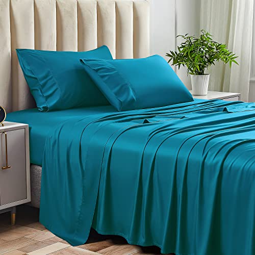 BEDELITE 100% Bamboo Sheets King Size, Luxury Cooling Bamboo Bed Sheets 4 PCs Set - Super Soft & Breathable Bed Sheets with Deep Pocket - Teal