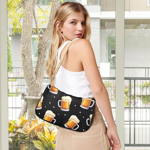 Zipper Lady One Shoulder Bag Cheerful Beer Mugs Black Designer Handbag Artistic Womens Retro Formal Purse Hobo with Chain Strap2
