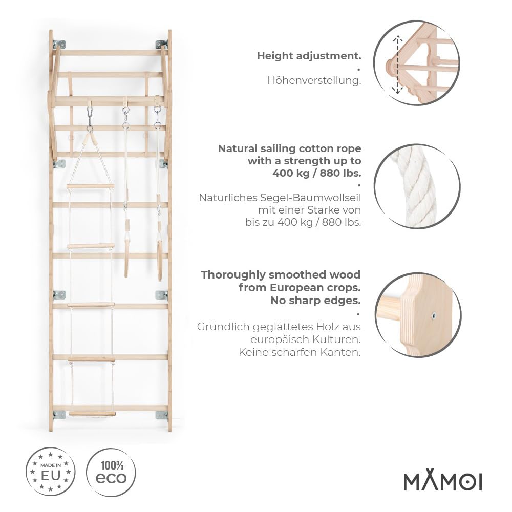 MAMOI® Spalliera da parete 210 cm per adulti, scala ginnica in legno con barra per trazioni, anelli e scala di corda, set di allenamento per casa e palestra