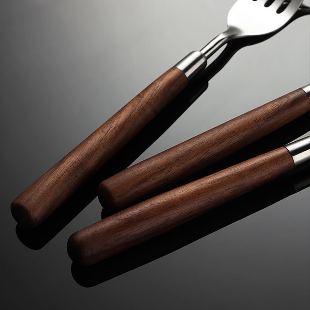 Ensemble de Couverts à Manches en Bois Mat pour 4 Personnes (Couteaux, fourchettes, cuillères Rondes), Finition brossée Mate, idéal pour Les Mariages et Les banquets.