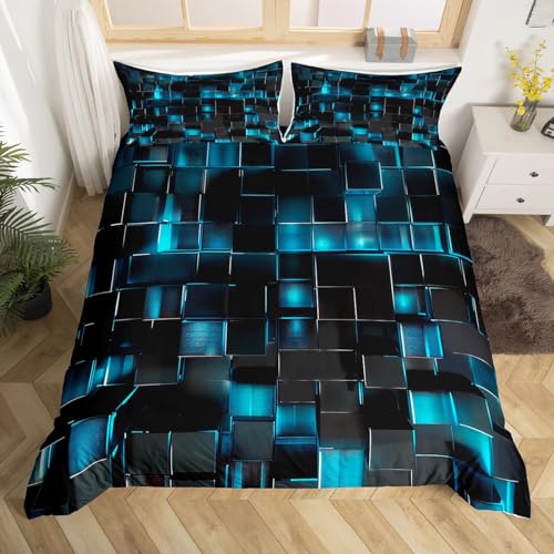 Homewish Black and Blue King Size Duvet Cover Sets Modern Geometric Comforter Cover Gradient Neon Cubes Boys Black Bedding Set,Abstract Square Grid Bed Set Lattice Wall Brick Bedding & Linen