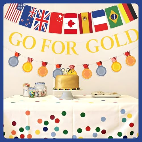 Image of GO FOR GOLD Banner Set and International Country Flags Bunting | Sports Themed Party Decoration,Olympic Sports Themed Decorations for Sports Party Bunting Supplies Decor
