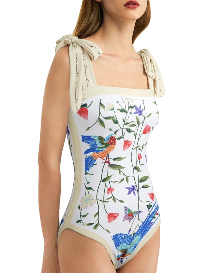 Image of SKAYS Reversible Floral One Piece Swimsuit Women Bathing Suit Vintage Cute with Adjustable Straps Swimwear