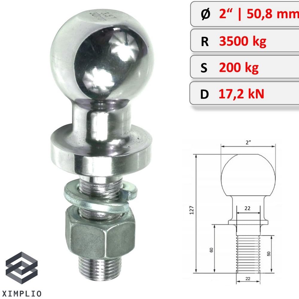 XIMPLIO 2 Zoll Kugelbolzen für US-Anhänger - Kugelkopf Kupplungskugel fi 50,8 mm