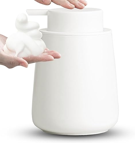 Dispensador de jabón espumoso, dispensador de jabón de manos de espuma de cerámica blanca de 12 onzas para baño, botella dispensadora de lavado de